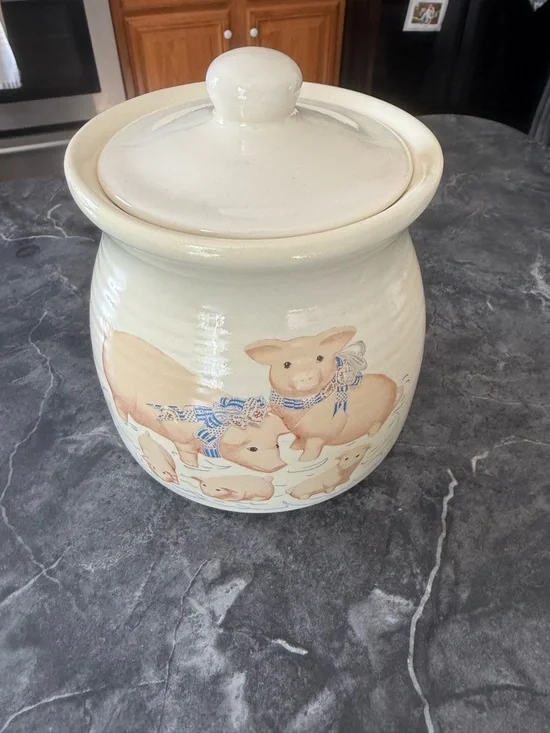 Vintage Ceramic Cookie Jar Blue Accented Piggy Piglet Design Farmhouse Decor Pig